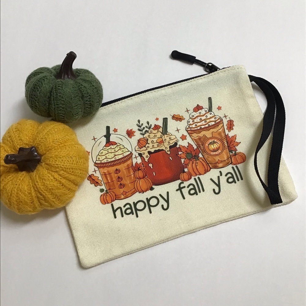 Fall Pumpkin Spice Latte Coffee Cosmetic Bag Canvas Zip Happy Fall Y’all NEW